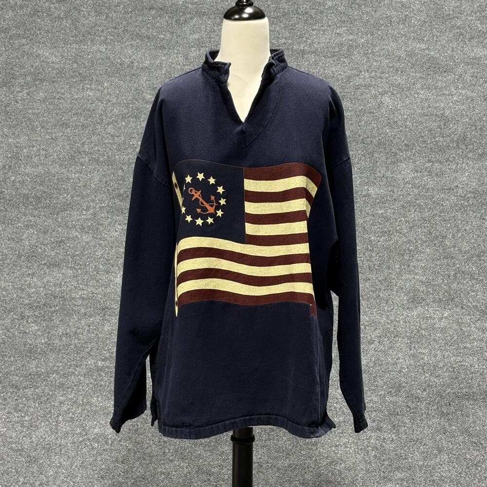Vintage WEK Pullover Sweater Mens L XL Navy Blue USA Flag Nautical Cotton 90s